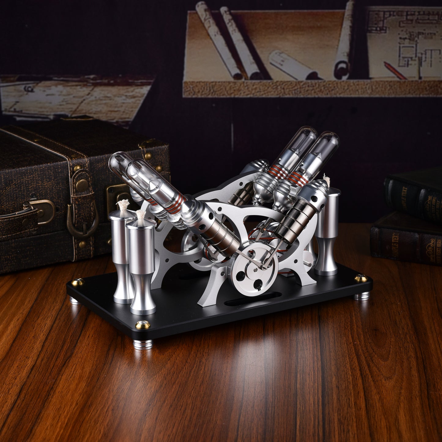 Stirling four-cylinder engine designed for science enthusiasts, educators and collectors