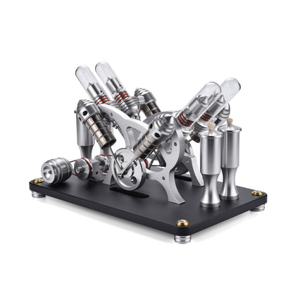Stirling four-cylinder engine designed for science enthusiasts, educators and collectors