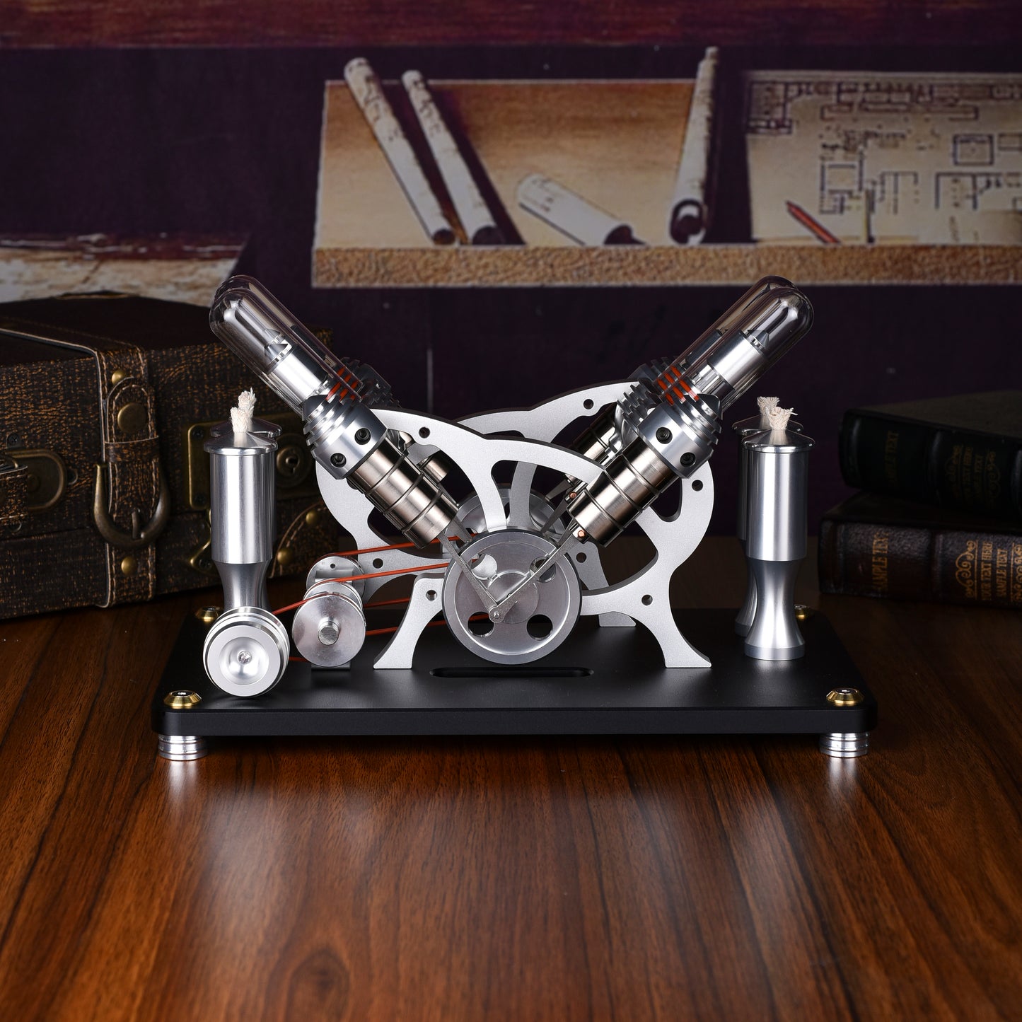 Stirling four-cylinder engine designed for science enthusiasts, educators and collectors